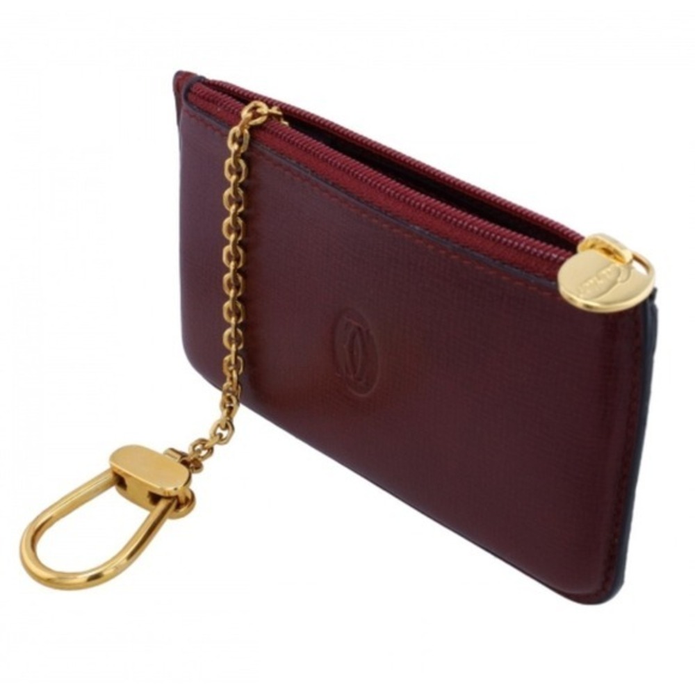 Cartier Burgundy Leather Key Cle Chain Card Holder Pouch Mini Burgundy Red Brown
